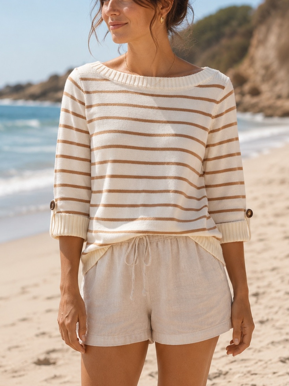 Jones New York Cream and Brown Striped Knit Top